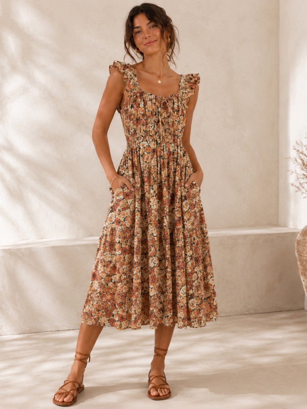 En Saison Floral Midi Dress Women’s Large Boho Smocked Ruffle Pocket Cottagecore